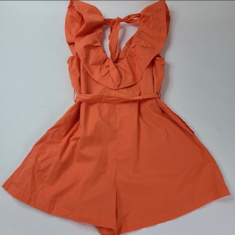 Free People Orange Ruffle Romper, Medium